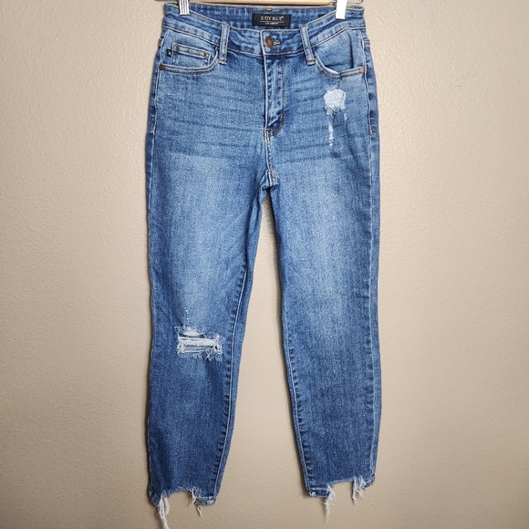 Judy Blue Womens Medium Wash Mid Rise Destructed Hem Slim Fit Jeans |3/26| - Picture 2 of 11